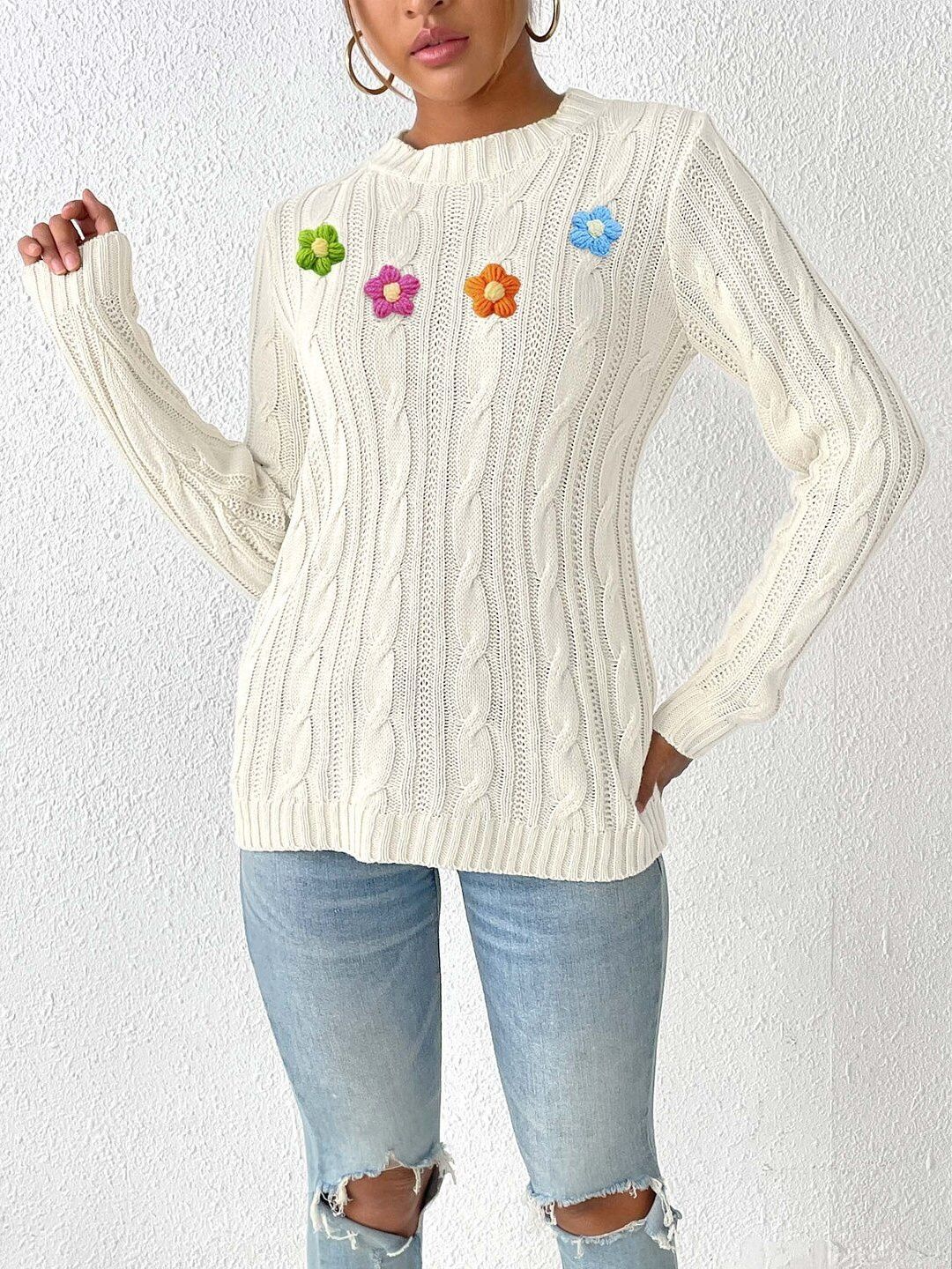 Women Cable Knit Pullover with Applique Detail