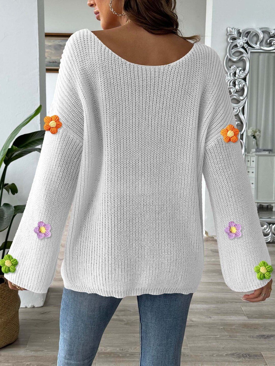 Women Ribbed Pullover with Embellished Detail