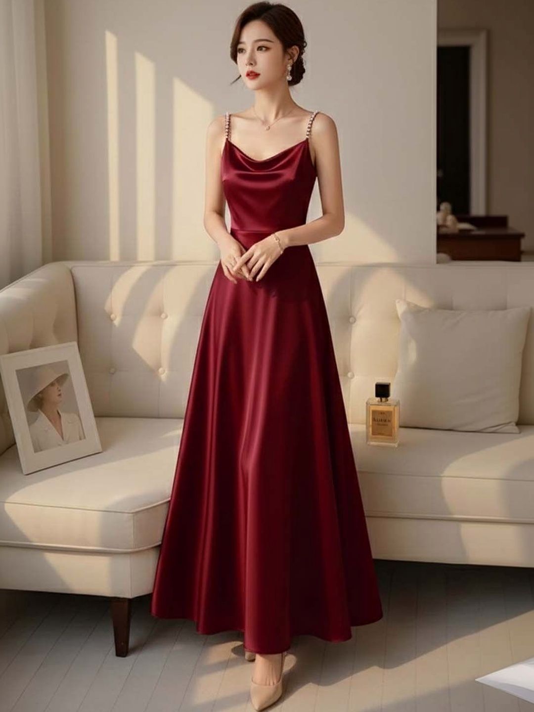 Cowl Neck A-Line Maxi Dress in Maroon polyester - Nowi Korean Fashion