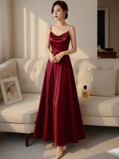 Cowl Neck A-Line Maxi Dress in Maroon polyester - Nowi Korean Fashion