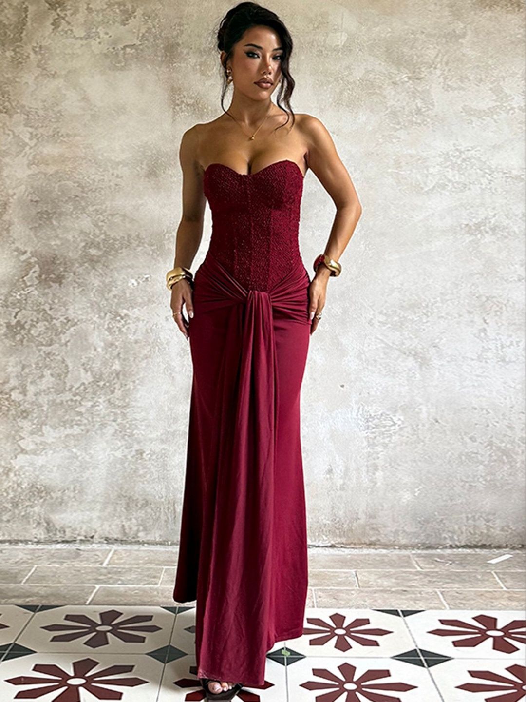 Maxi Dress in Maroon polyester Sleeveless - Nowi Korean Fashion