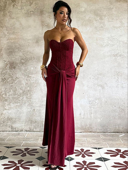 Maxi Dress in Maroon polyester Sleeveless - Nowi Korean Fashion
