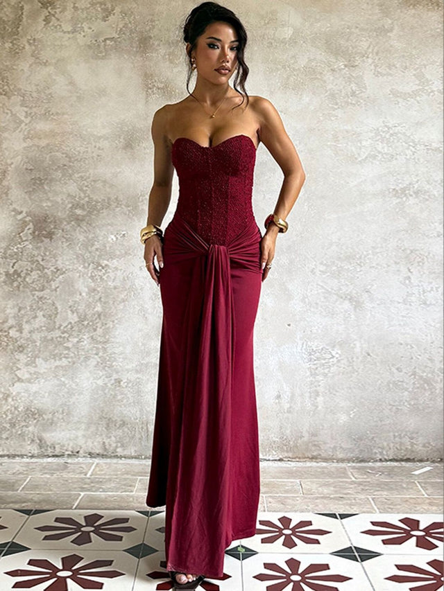 Maxi Dress in Maroon polyester Sleeveless - Nowi Korean Fashion