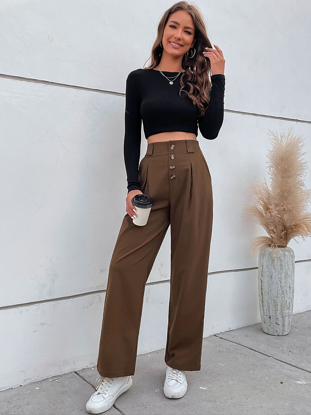 High-Rise Non Iron Pleated Trousers in Brown cotton - Nowi Korean Fashion