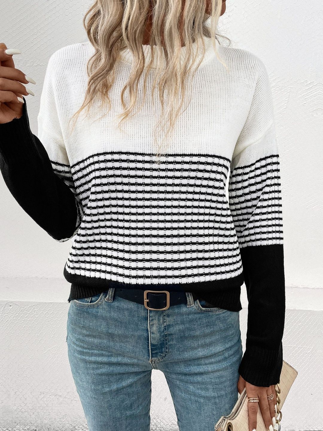 Women's White Striped Colourblocked Pullover