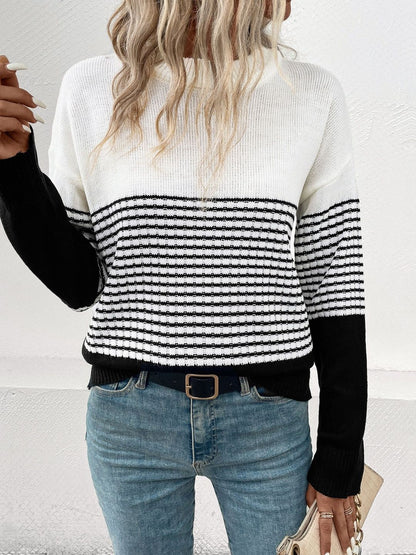 Women's White Striped Colourblocked Pullover