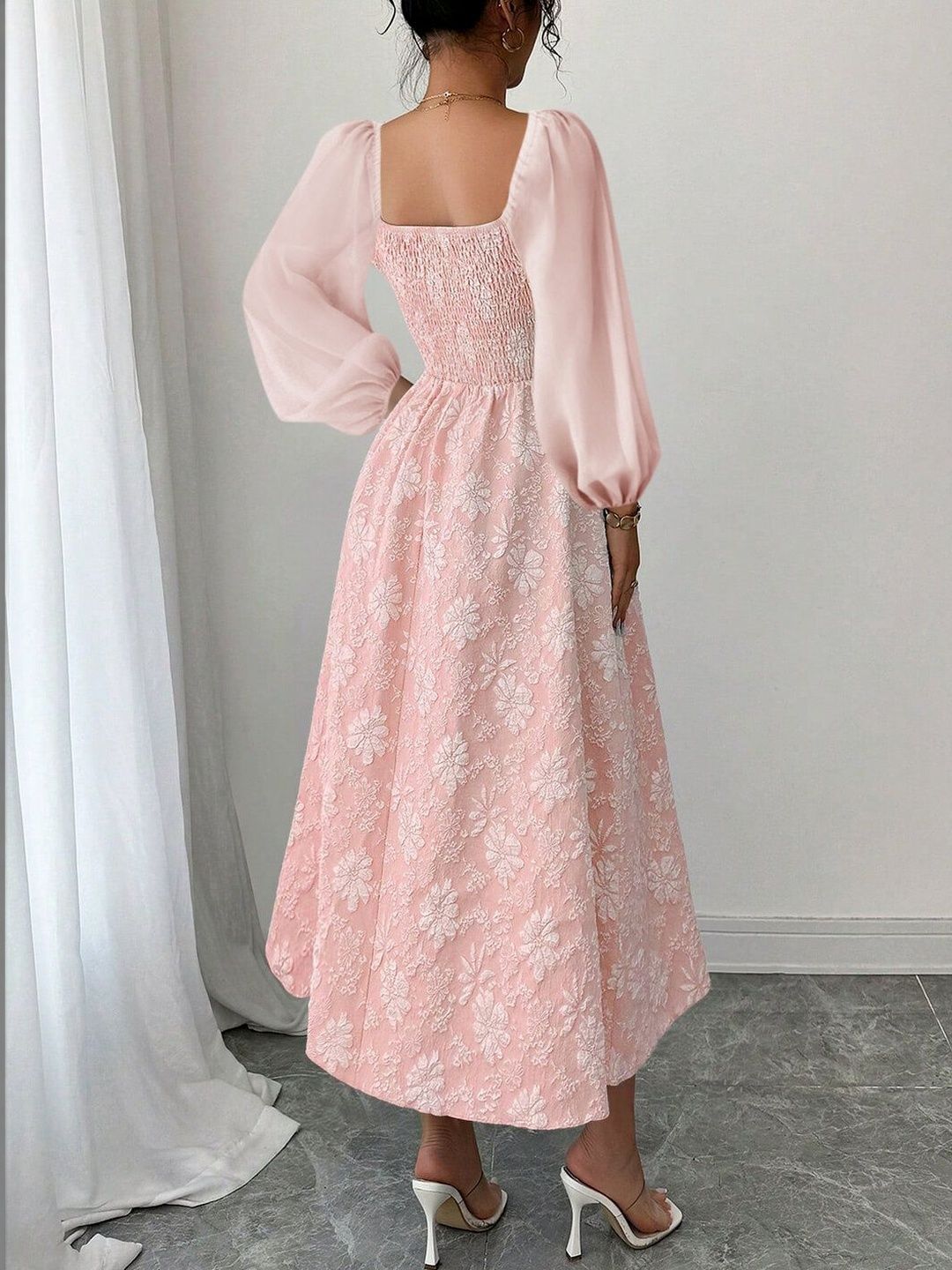 Floral Print Puff Sleeve Fit & Flare Midi Dress