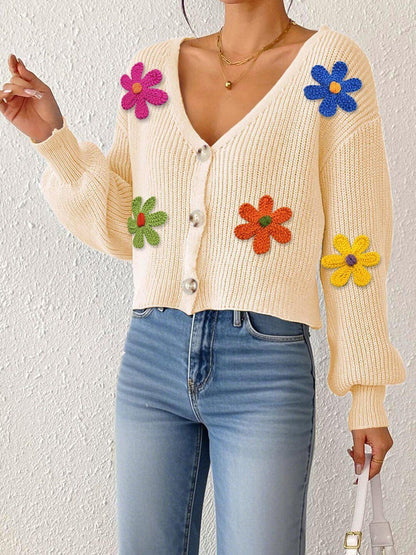 Women Ribbed Crop Cardigan with Applique Detail