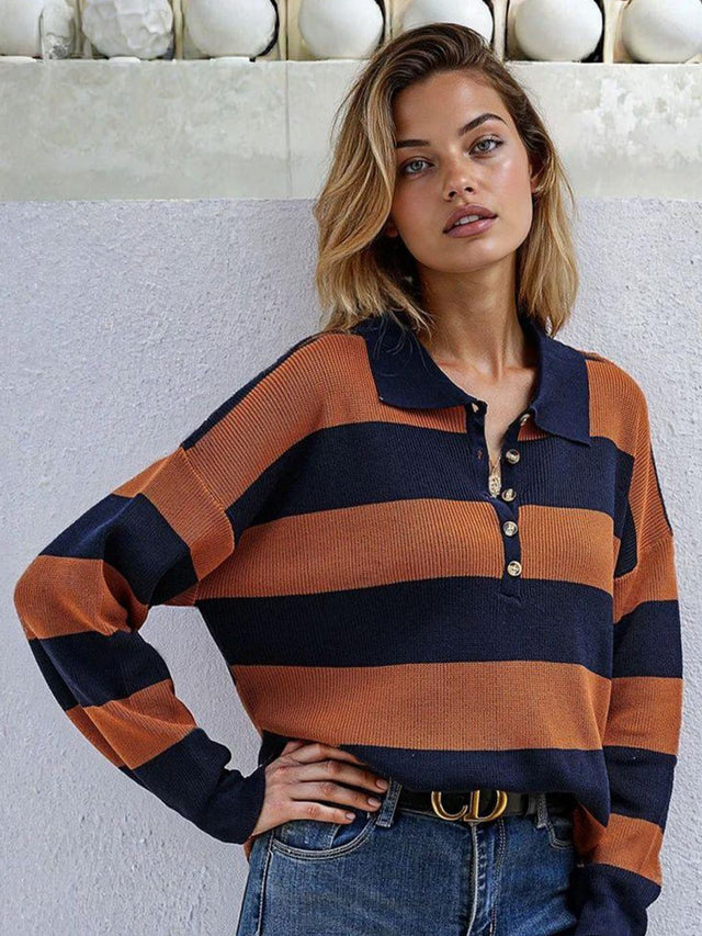 Striped Sweatshirt in Blue cotton Long Sleeve - Nowi Korean Fashion