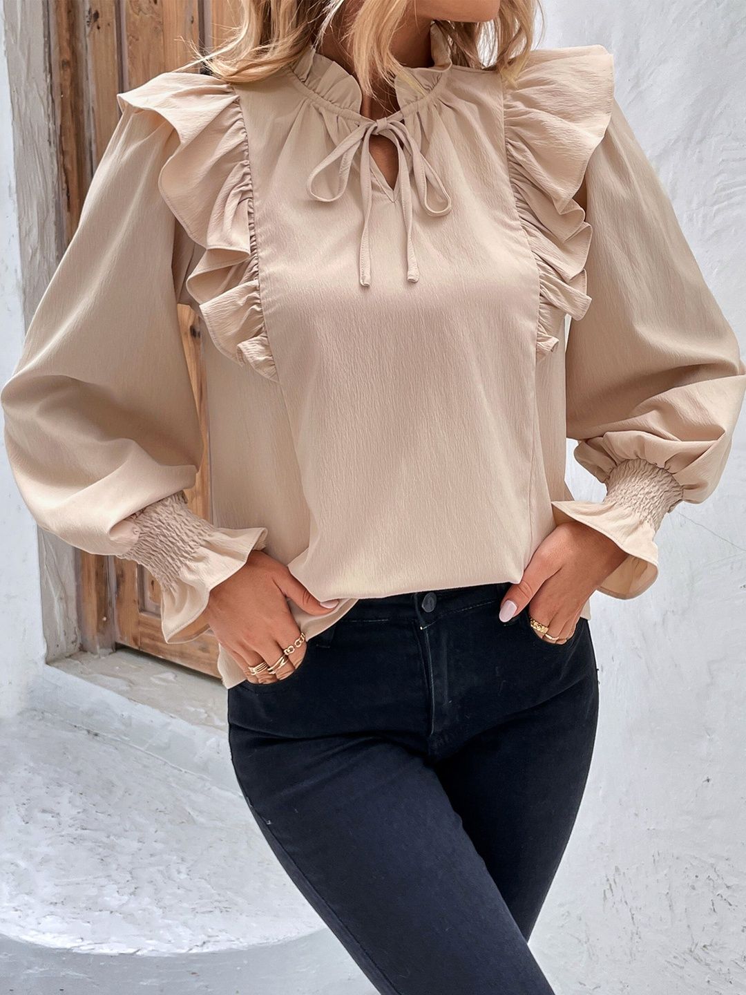 Women's Beige Bishop Sleeves Ruffles Top