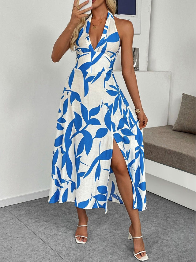 Floral Print Halter Neck A-Line Midi Dress in White cotton - Nowi Korean Fashion