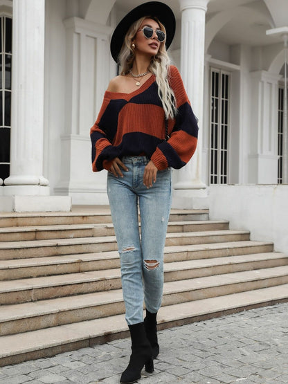 Women's Orange Striped Pullover Blend Regular Fit