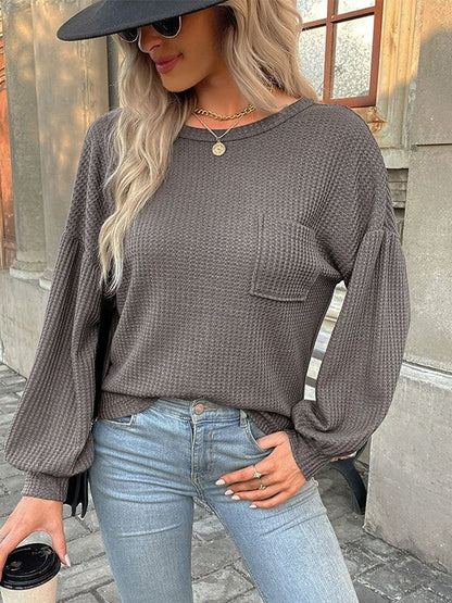 Puff Sleeves Pockets T-shirt in Grey Cotton - Nowi Korean Fashion