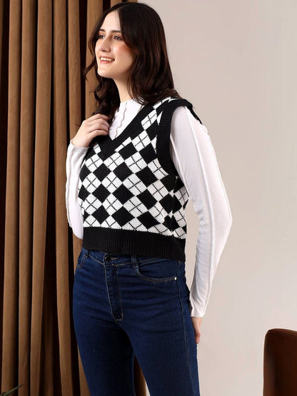 NOWI Women Argyle Printed Woollen Sweater Vest