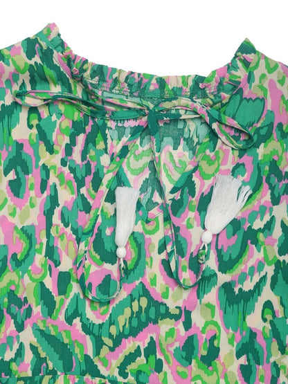 Women's Green Print Tie-Up Neck A-Line Midi Dress