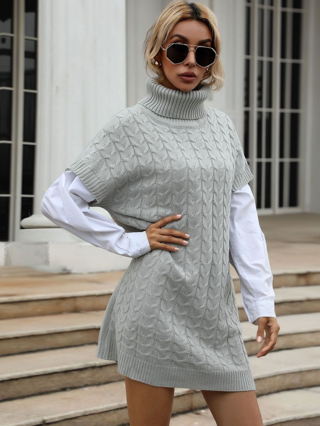 Women's Grey Cable Knit Sweater Vest Printed Regular Fit
