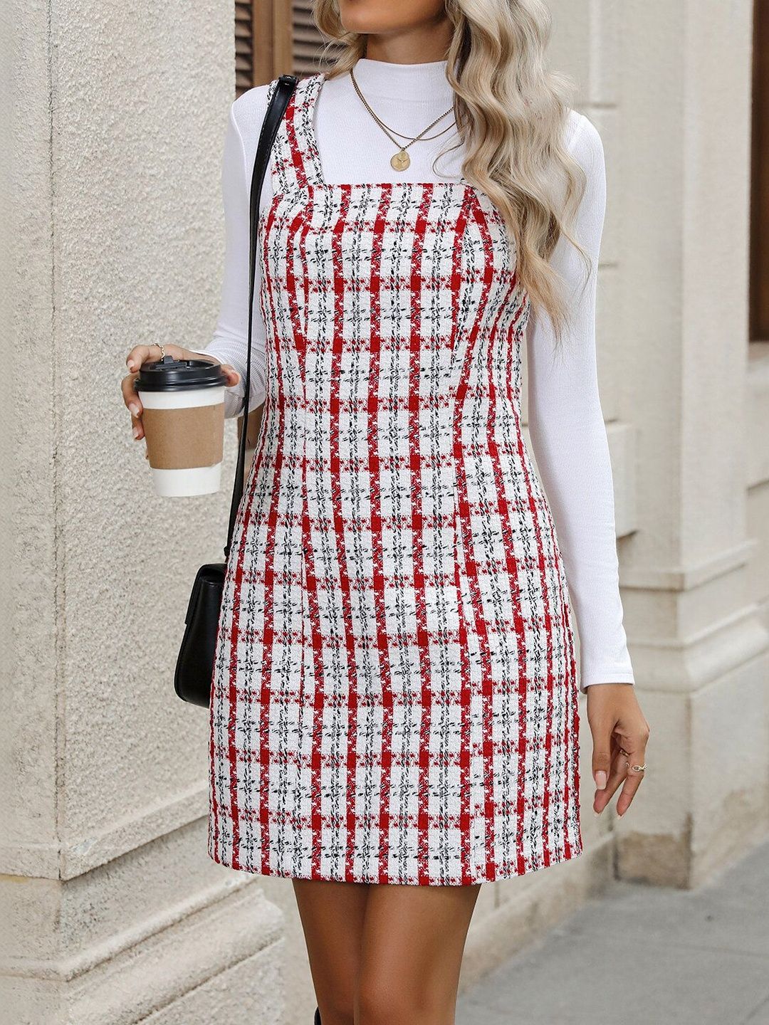 Women's Red Checked Pinafore Dress