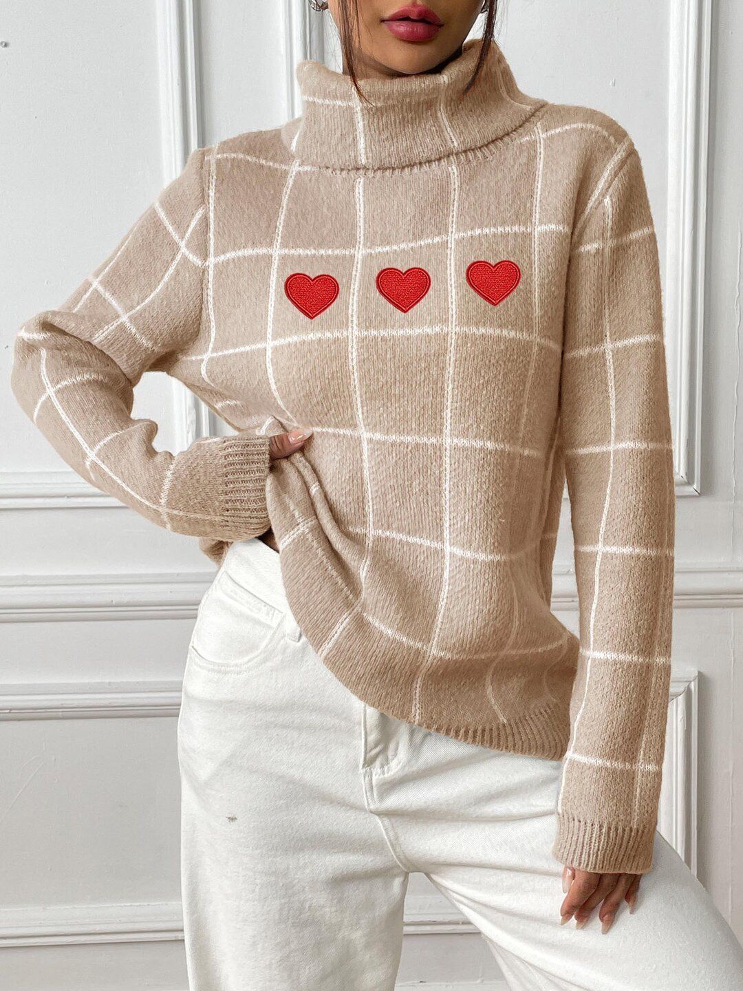 Women Checked Pullover with Embroidered Detail