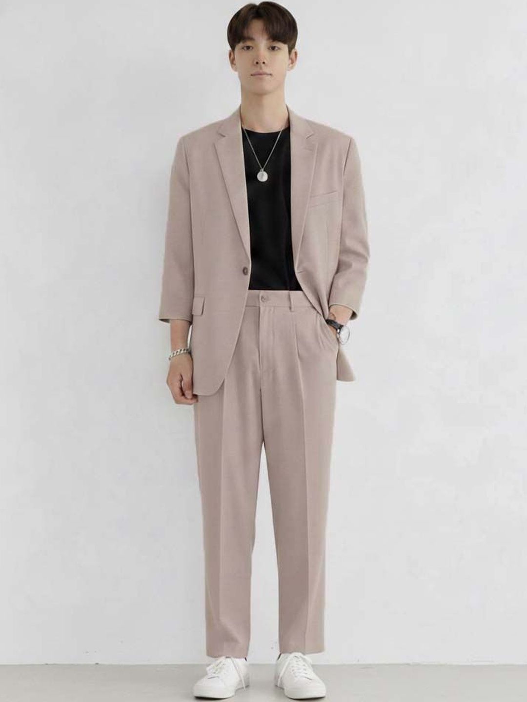 Shawl Neck Three-Quarter Sleeves Blazer with Trousers