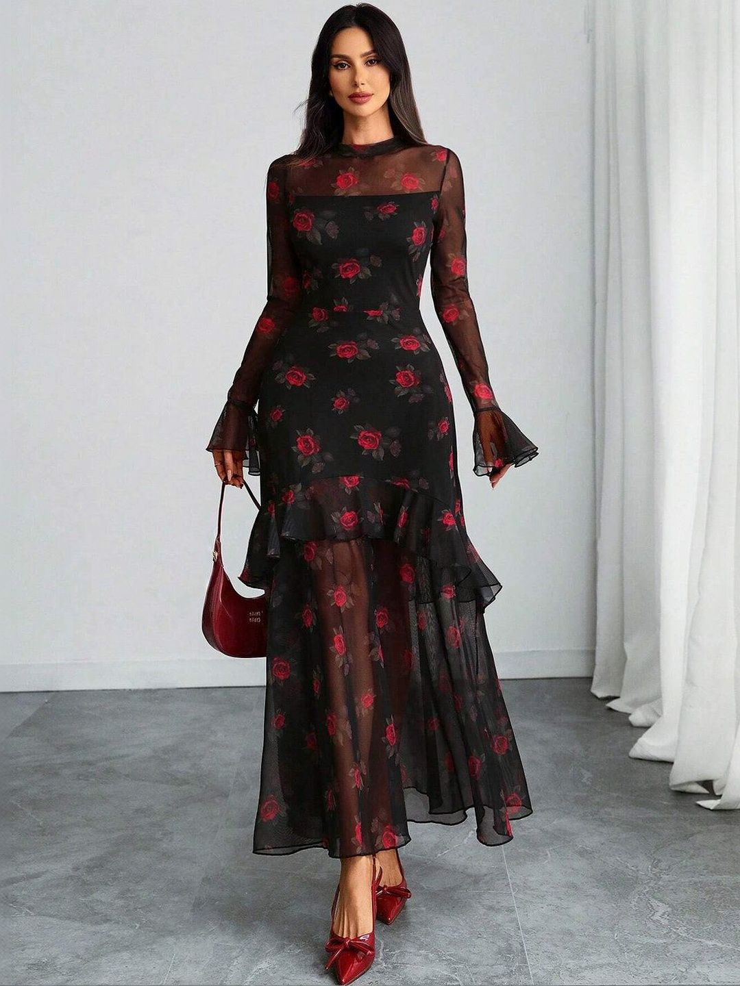 Floral Print Flared Sleeve Ruffled Sheath Maxi Dress