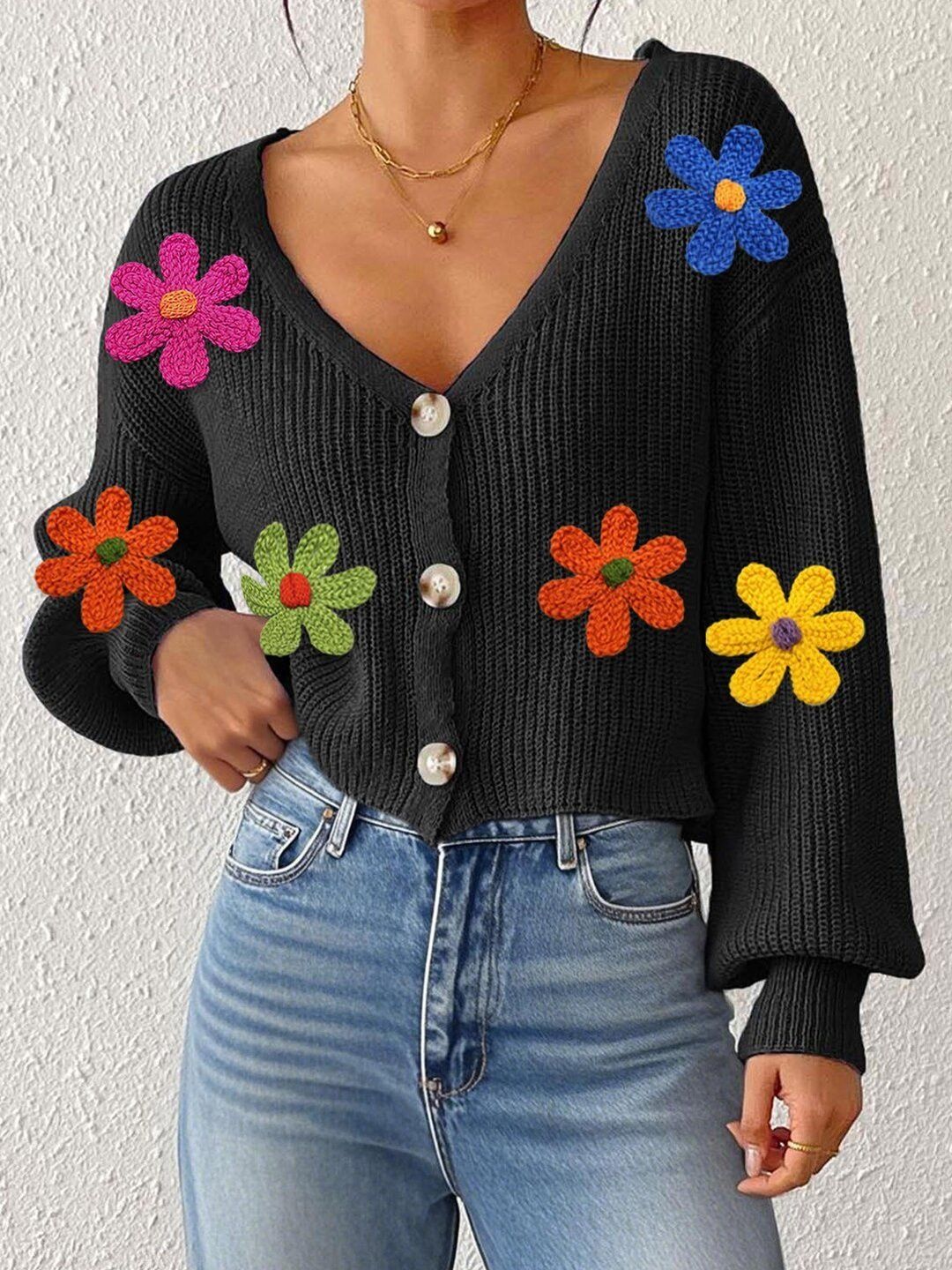 Women Colourblocked Ribbed Crop Cardigan with Embroidered Detail