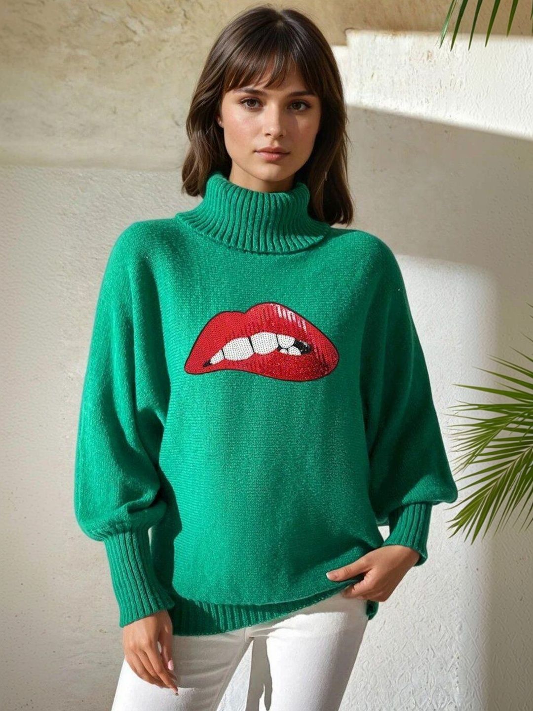 Printed Pullover with Embellished Detail in Green acrylic - Nowi Korean Fashion