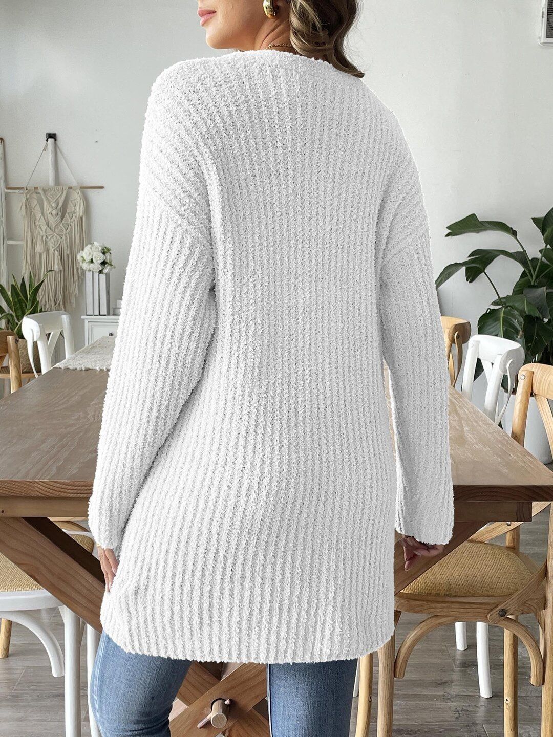 Women Ribbed Cardigan with Fuzzy Detail