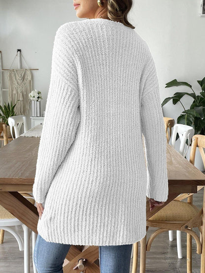 Women Ribbed Cardigan with Fuzzy Detail