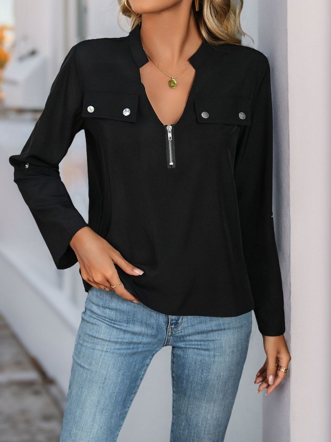 Mandarin Collar Roll-Up Sleeves Top