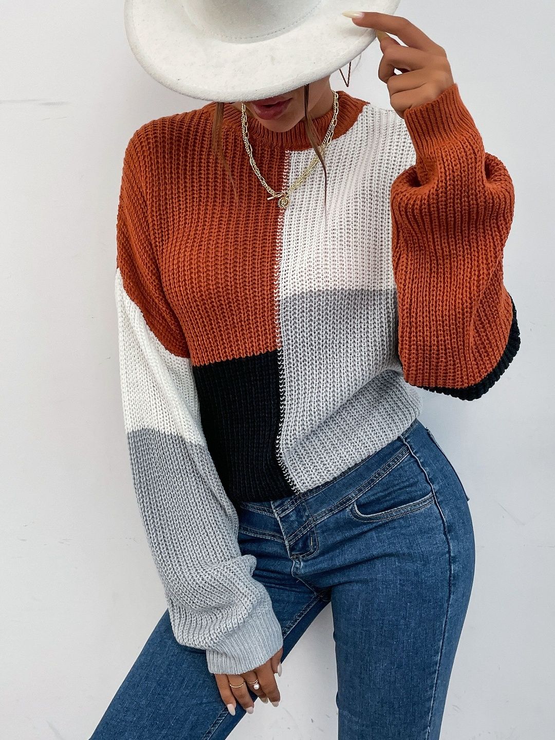 Women's Brown Colourblocked Pullover Blend Printed