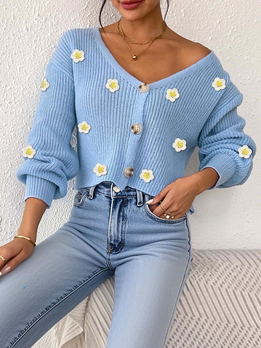 Floral Crop Cardigan with Embroidered Detail in Blue acrylic - Nowi Korean Fashion