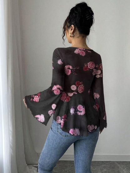 Floral Print Sweetheart Neck Flared Sleeve Top