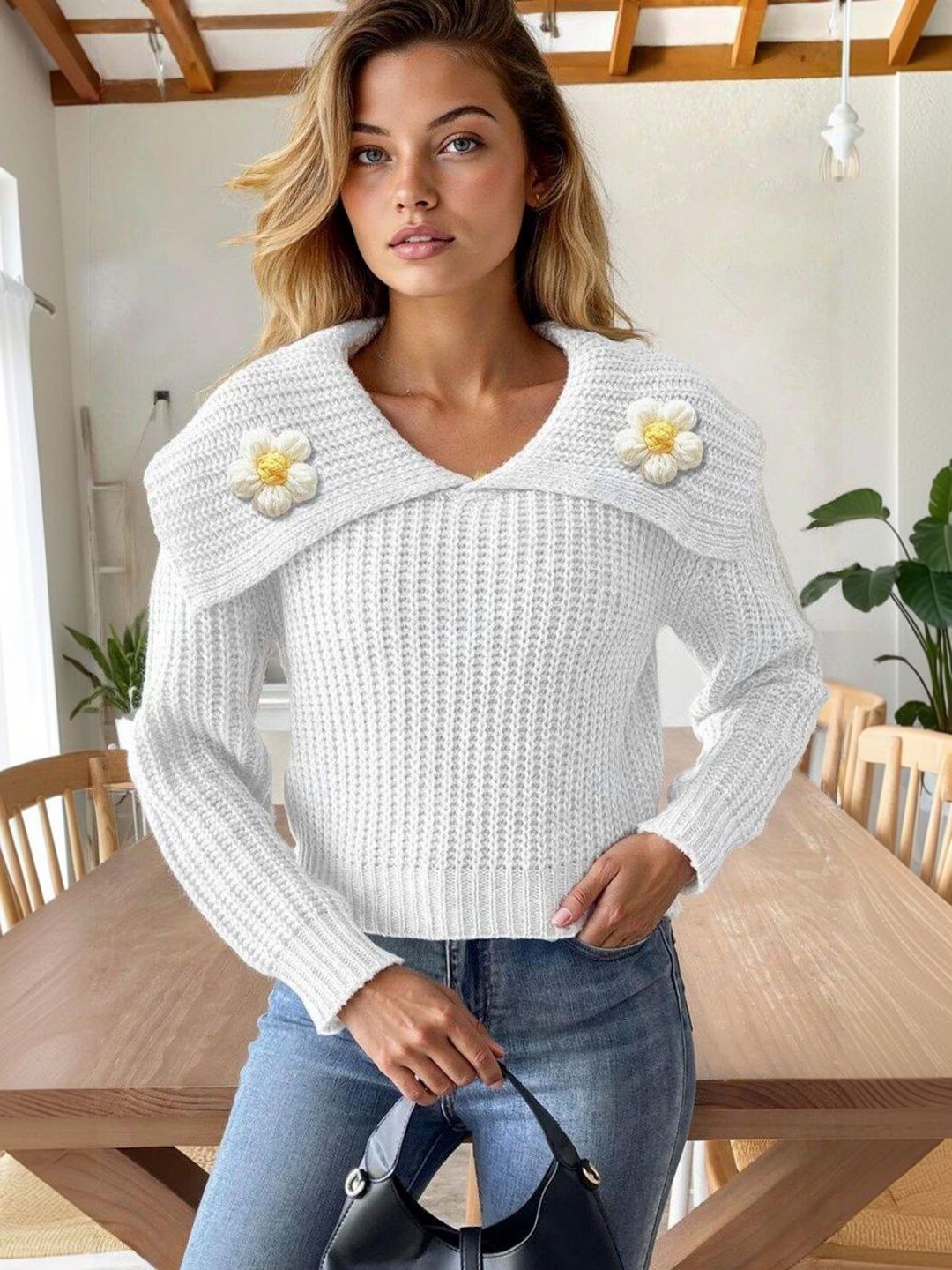 Ribbed Pullover with Applique Detail in White acrylic Long Sleeve - Nowi Korean Fashion