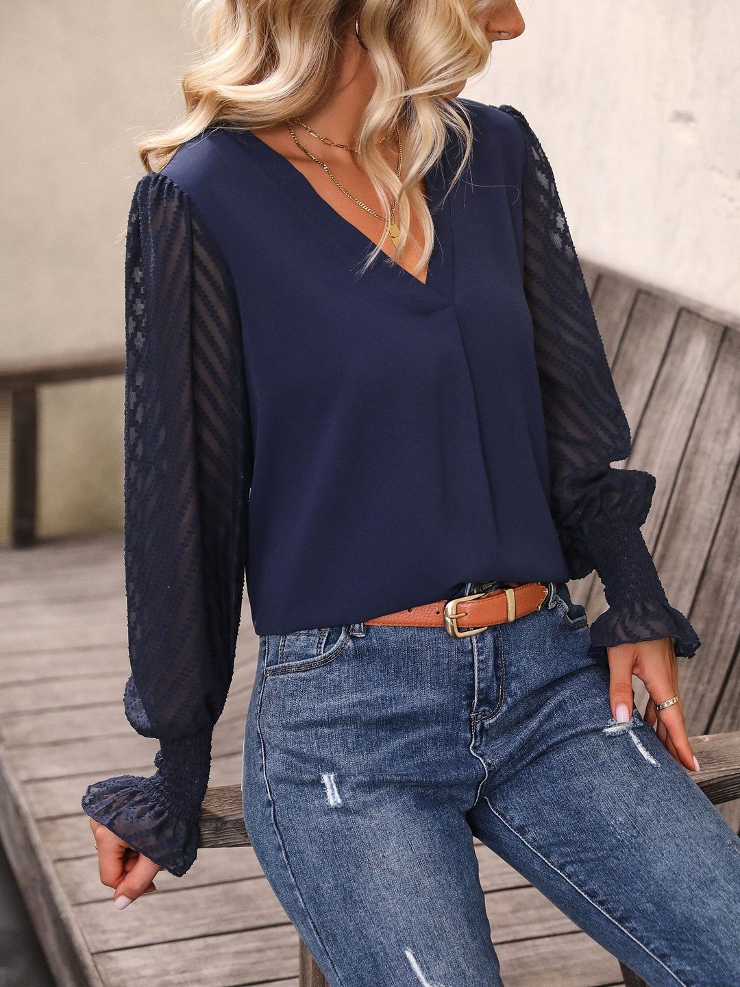 Women's Nowi Elegant Navy Blue Top With Detailed Sleeves