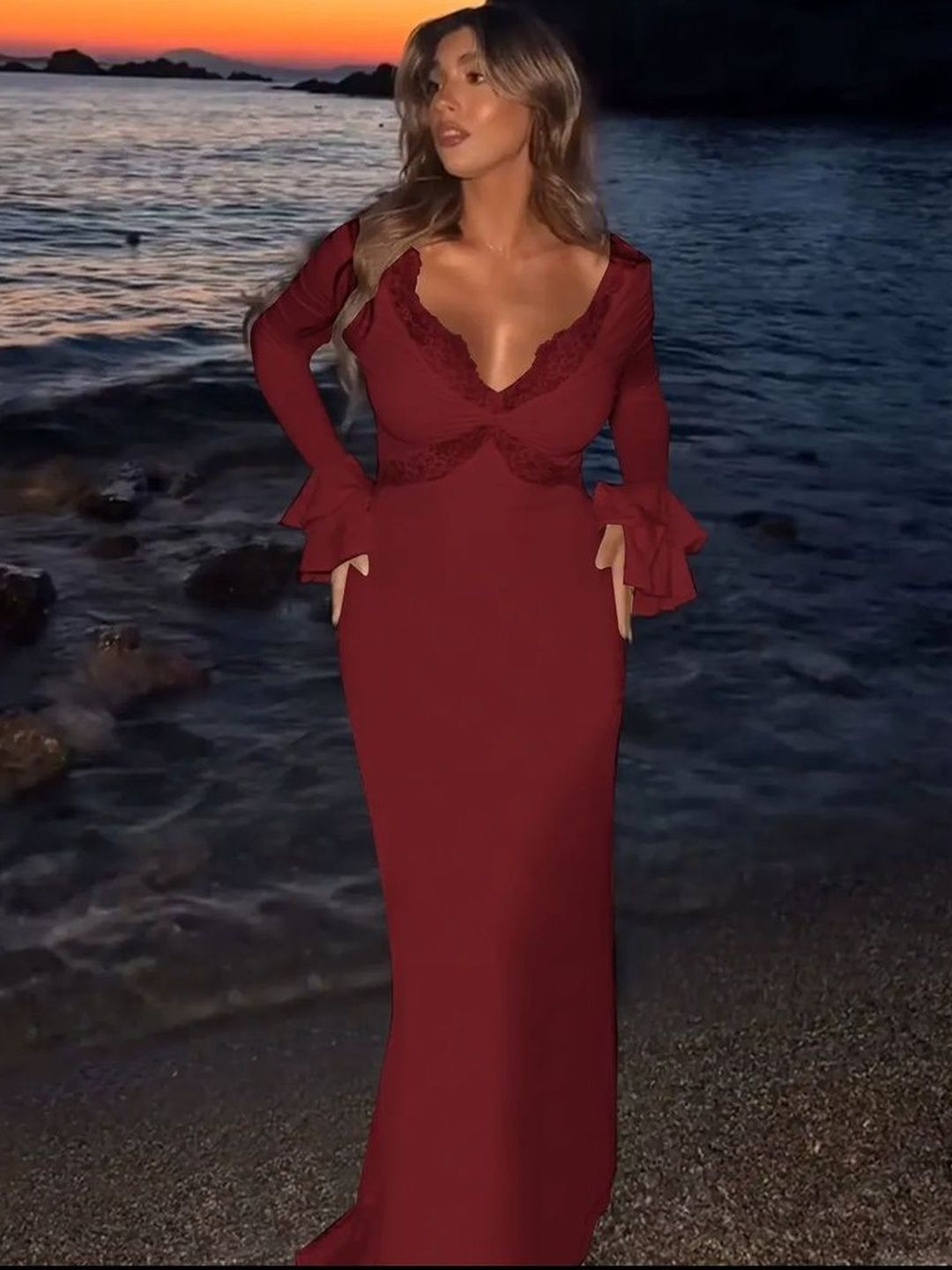Women's Maroon Flared Sleeve Sheath Maxi Dress
