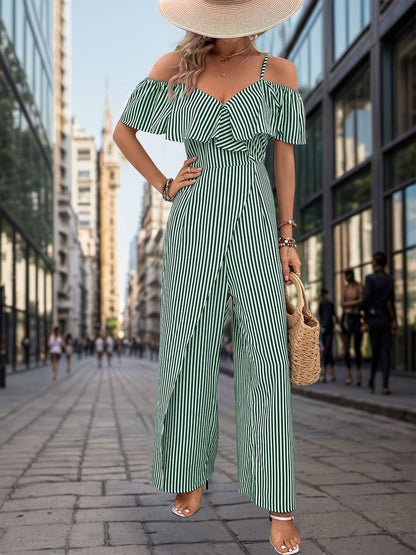 Off-Shoulder Striped Basic Jumpsuit with Ruffles