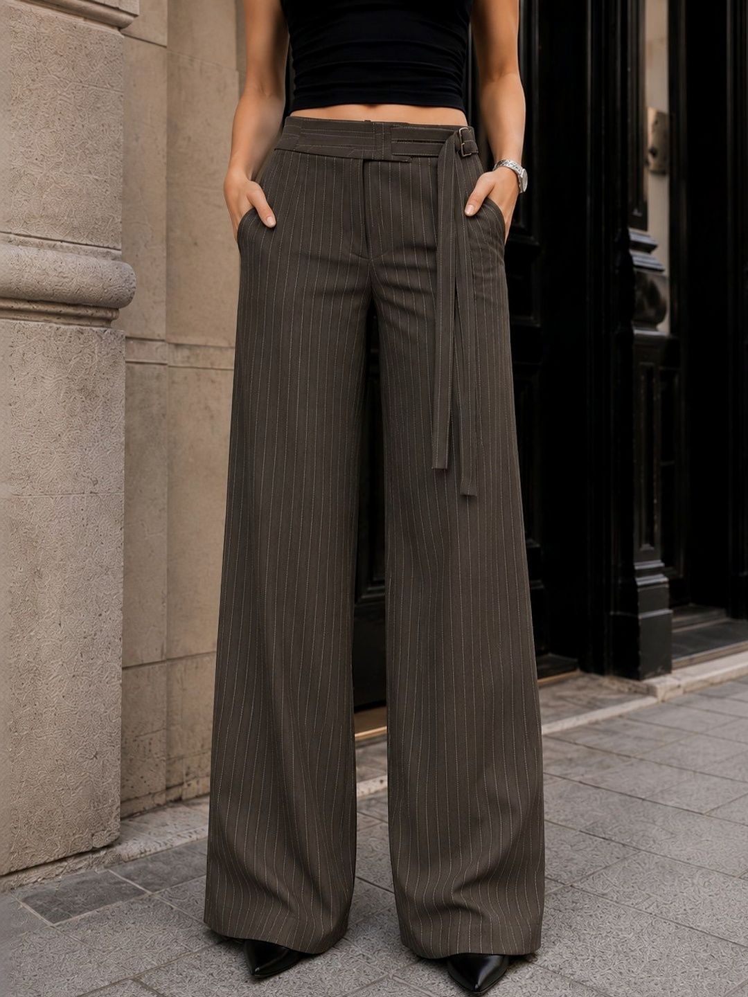 Women Striped Relaxed High-Rise Wrinkle Free Trousers
