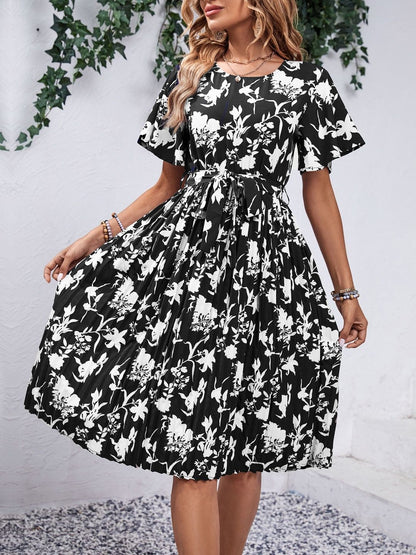 Floral Print Flared Sleeve Fit & Flare Midi Dress