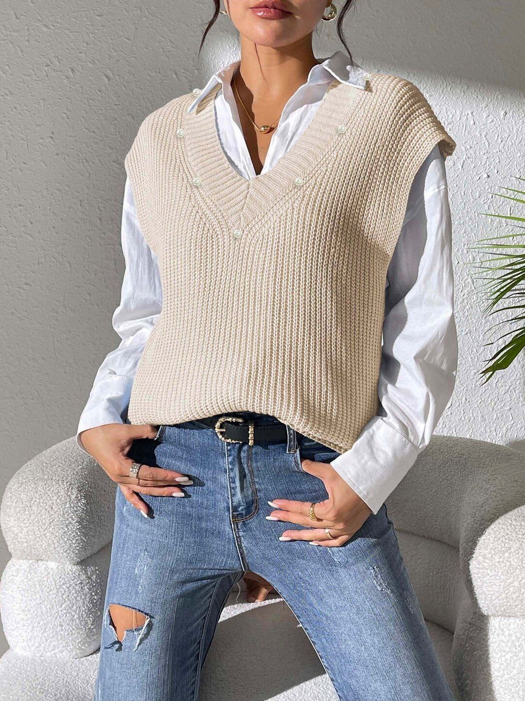 Women Ribbed Sweater Vest with Embellished Detail