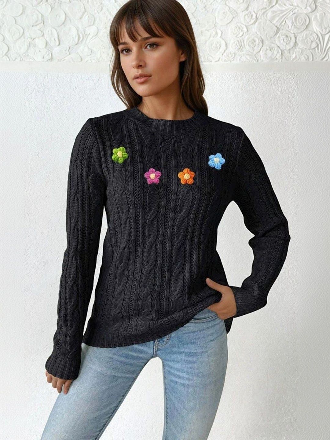 Cable Knit Pullover with Applique Detail in Black acrylic - Nowi Korean Fashion