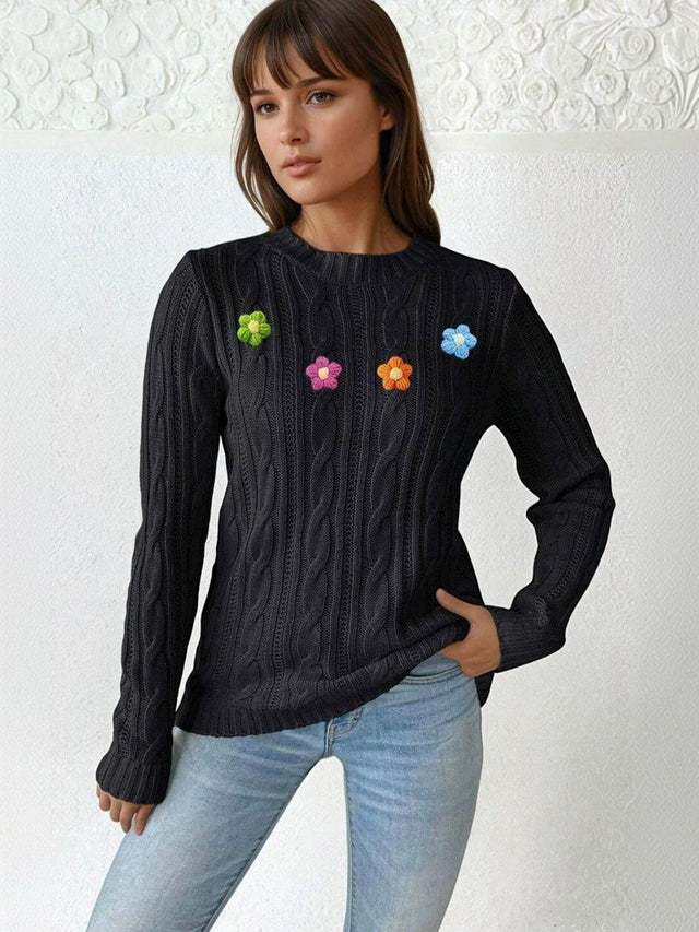 Cable Knit Pullover with Applique Detail in Black acrylic - Nowi Korean Fashion