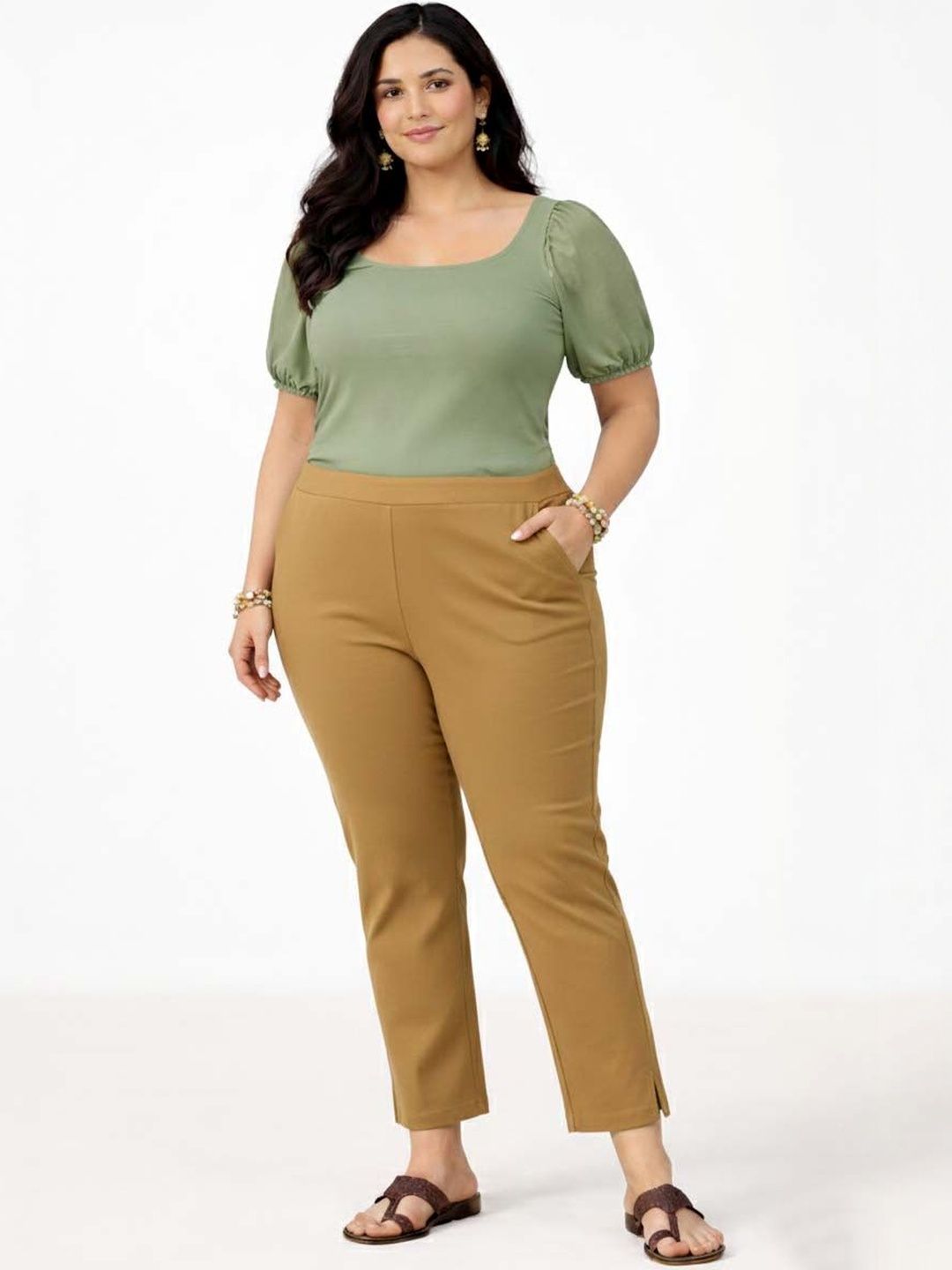 Wrinkle Free Trousers in Brown polyester Style 64 - Nowi Korean Fashion