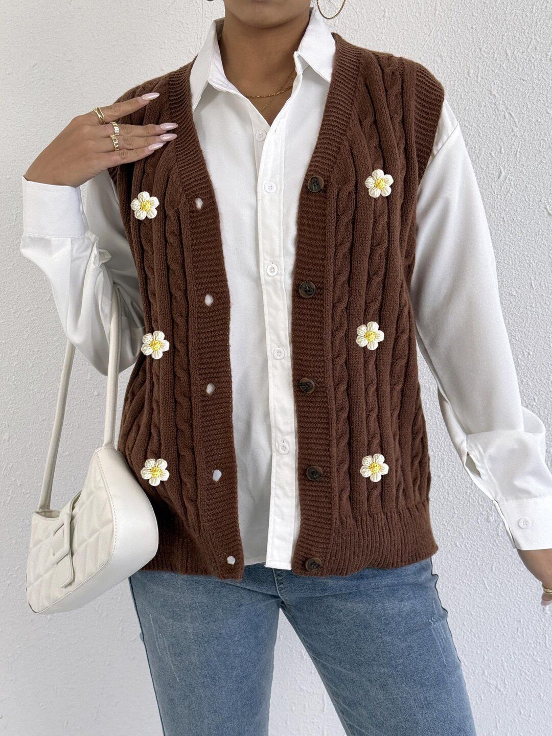 Women Cable Knit Ribbed Sweater Vest with Embroidered Detail