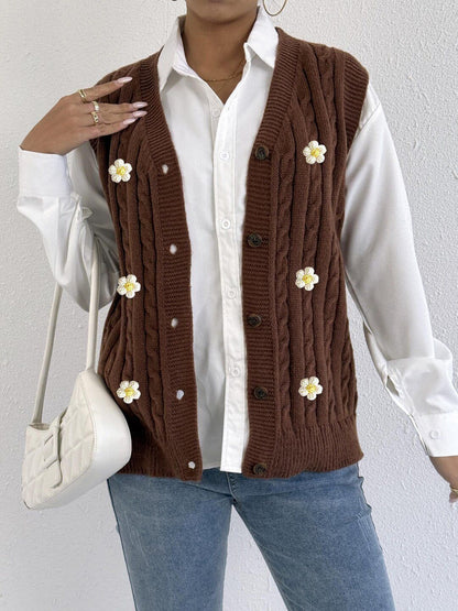 Women Cable Knit Ribbed Sweater Vest with Embroidered Detail