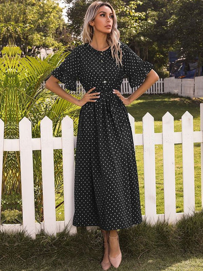 Polka Dot Print Puff Sleeve Fit & Flare Midi Dress