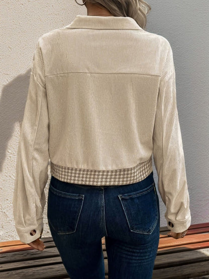 Women's Beige Geometric Checked Corduroy Denim Jacket