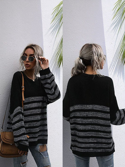 Women's Black Striped Pullover Blend Regular Fit