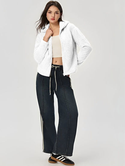 Lightweight Open Front Jacket in White fleece - Nowi Korean Fashion