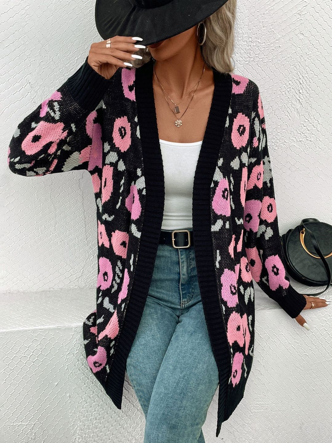 Women's Black Floral Printed Cardigan Blend Regular Fit