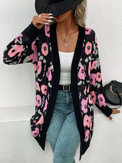 Women's Black Floral Printed Cardigan Blend Regular Fit